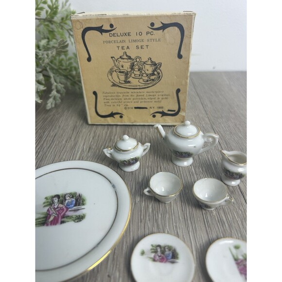 Vintage Limoges Style Miniature Tea Set Porcelain w/Courting Couple 10-pc + Box - Picture 1 of 7